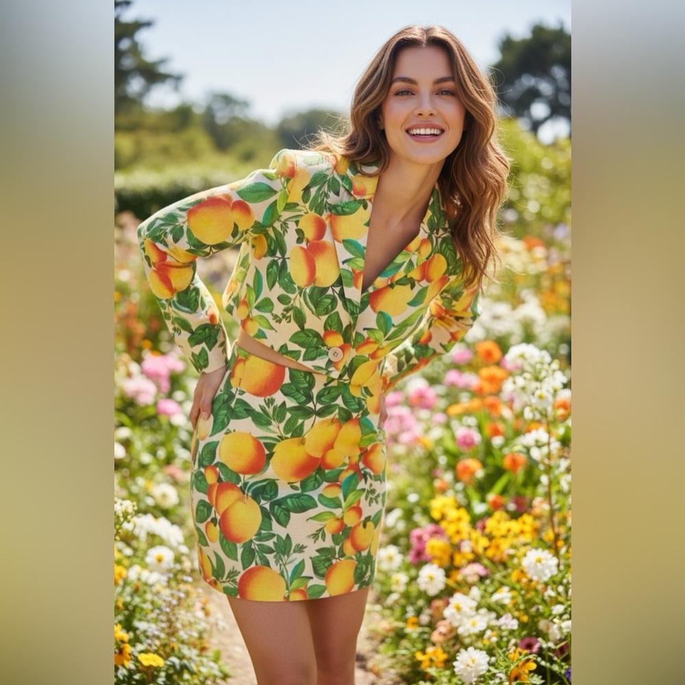 Farm Rio Tropical Citrus Orange Cropped Jacket Mini Skirt Set Iconic Print Sz S